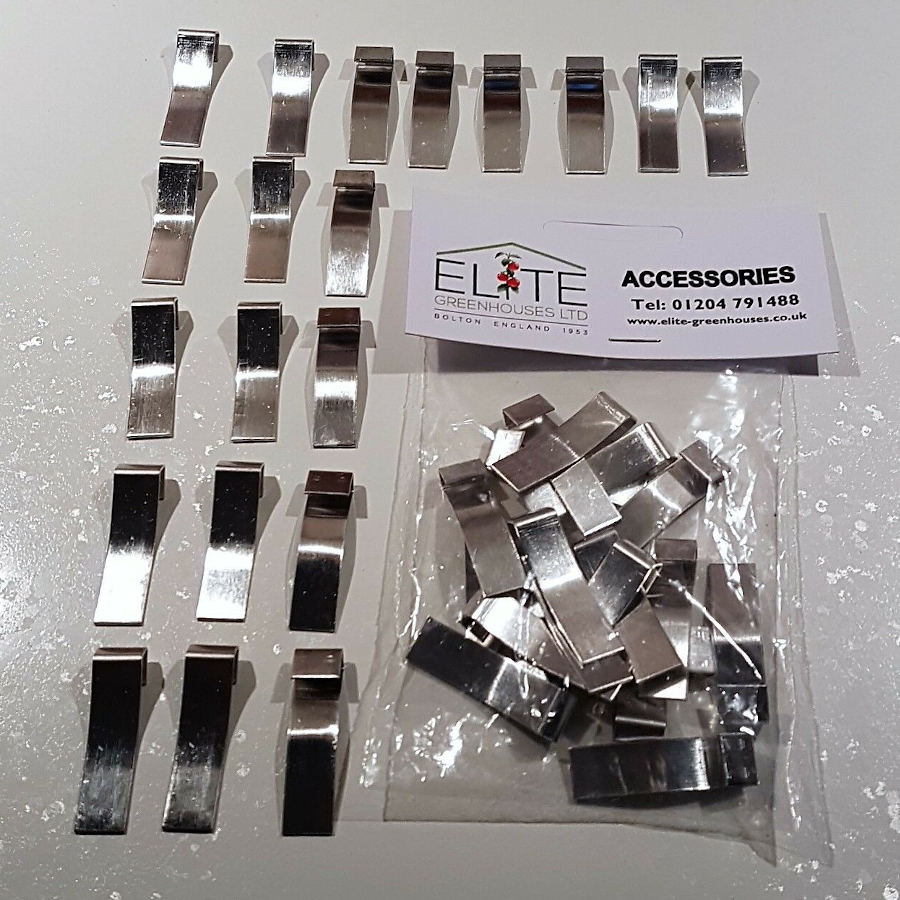 20 Elite Greenhouse Glazing Spring Clips rust free steel clips to hold glass 